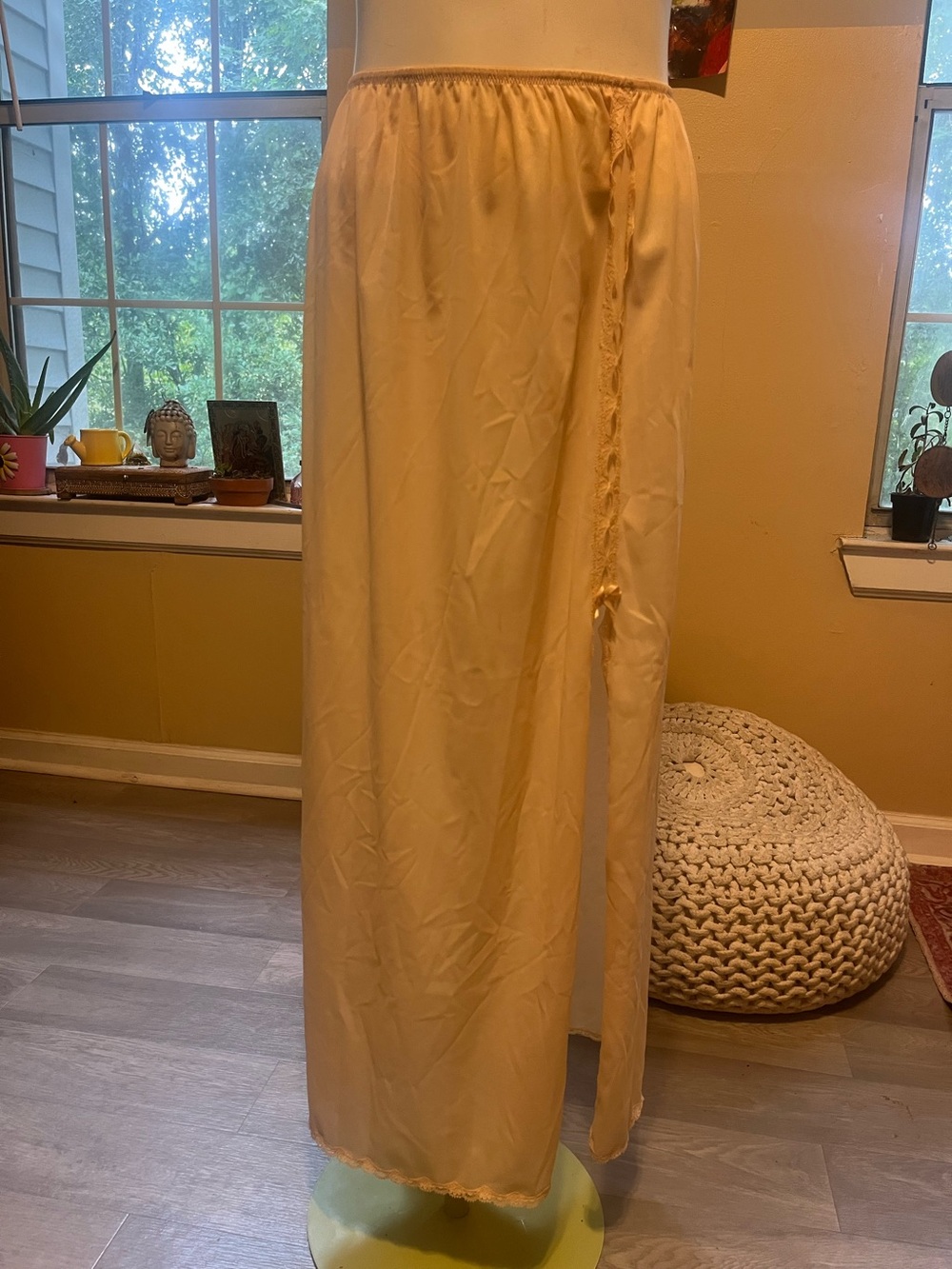 Cream Vanity Fair Long Slip Skirt with Side Slit with lace and bows Dainty